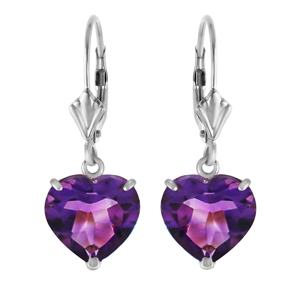 14K. SOLID GOLD LEVER BACK EARRINGS NATURAL 10mm HEART AMETHYSTS (White Gold)